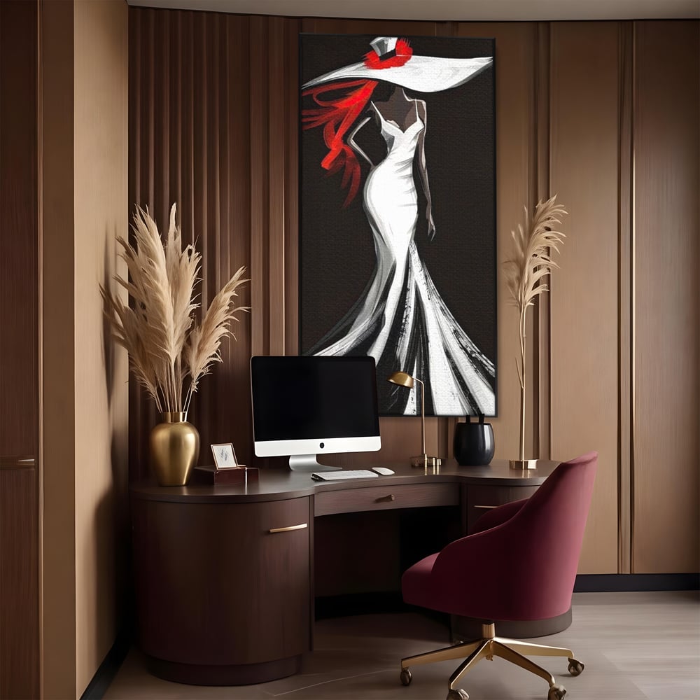 Tablou canvas cu tablou canvas cu silueta de femeie in rochie alba, in rama de aluminiu negru, pe perete intr-un birou